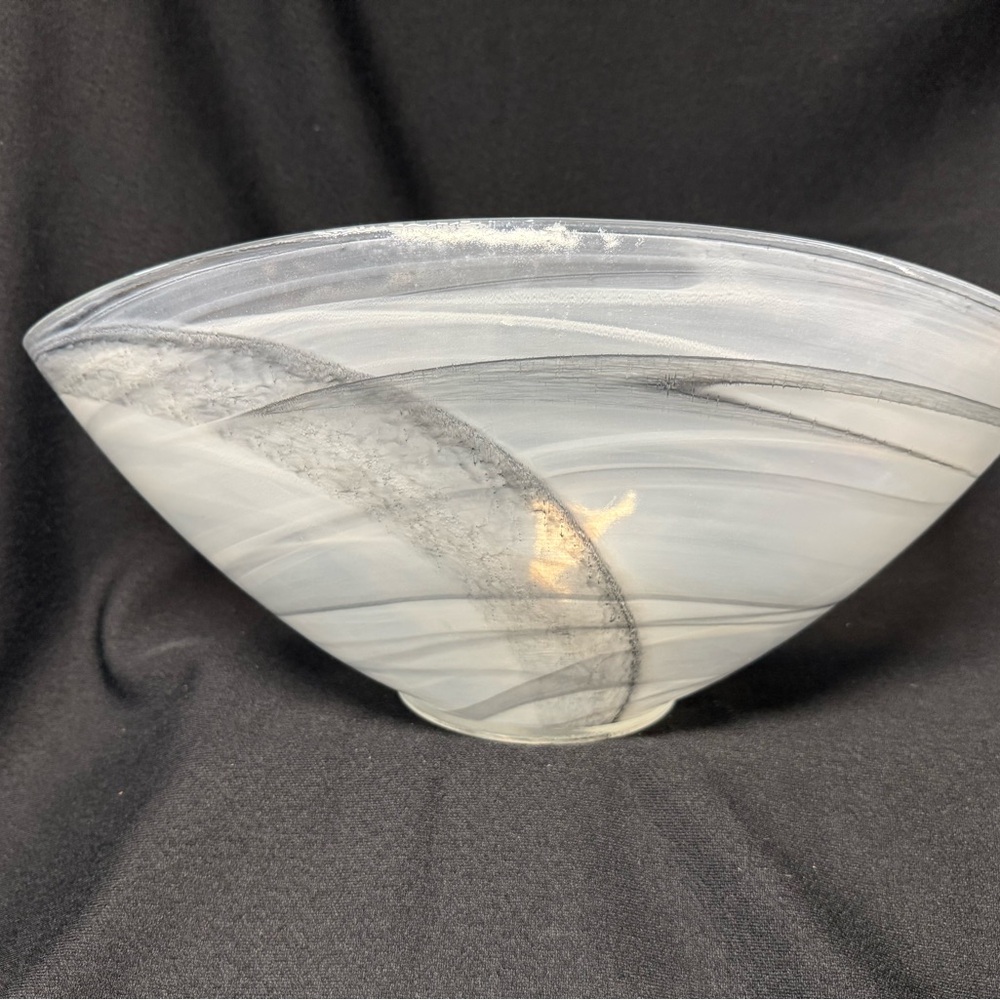 Murano-style glass bowl.  Oval with Gray and White Swirled design.  Unique